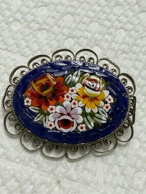 Vintage Floral Micro-Mosaic Brooch in Blue #mo811